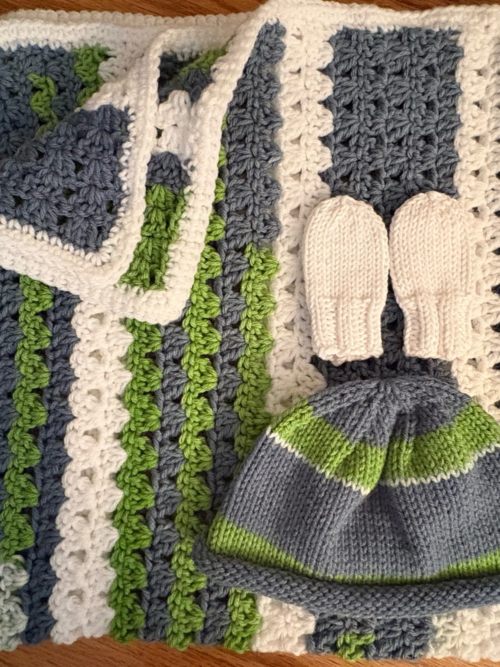 Handmade Baby Blanket, Hat & Mittens Set - White, Gray & Green